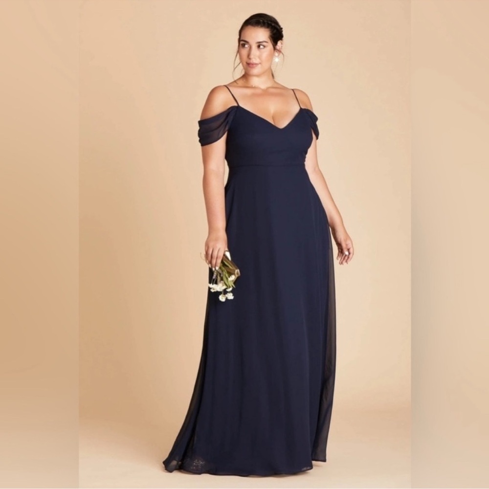 EUC Birdy Grey 2X Navy Devin Chiffon Bridesmaid Formal Gown Detachable Sleeves